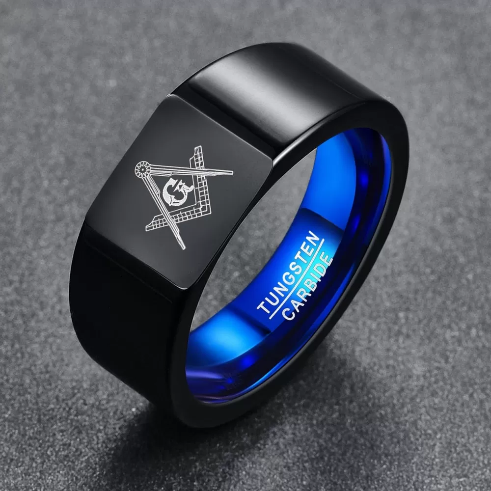 Men's Blue Black Plated Tungsten Masonic Ring G Mason Master Freemason