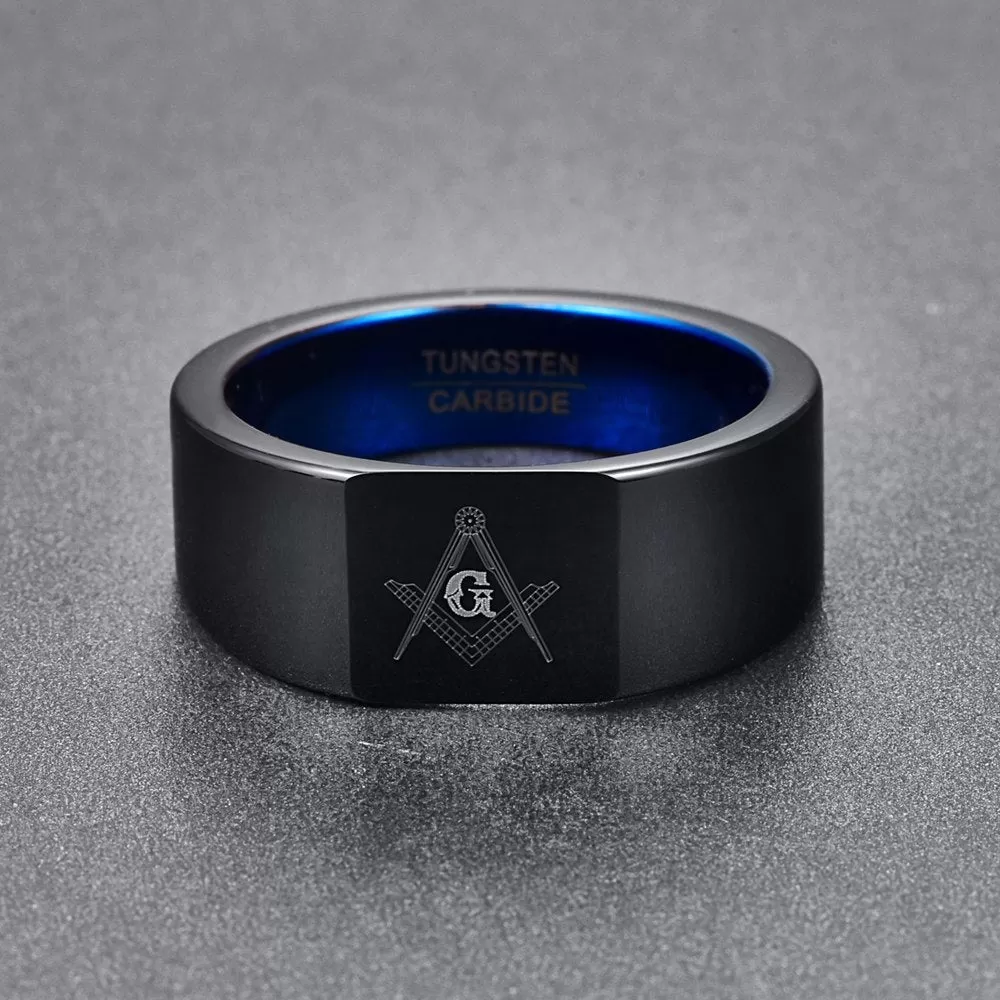 Men's Blue Black Plated Tungsten Masonic Ring G Mason Master Freemason