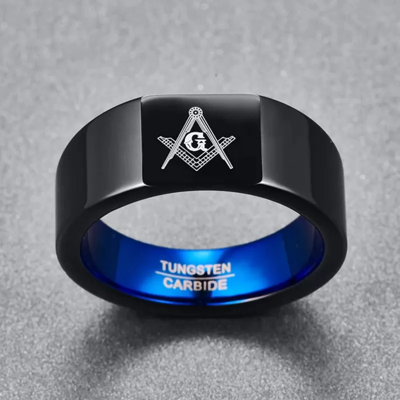 Men's Blue Black Plated Tungsten Masonic Ring G Mason Master Freemason