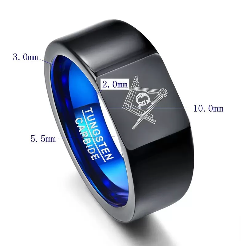 Men's Blue Black Plated Tungsten Masonic Ring G Mason Master Freemason