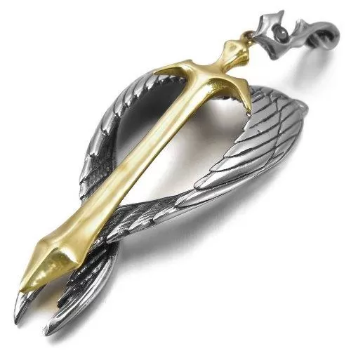 Men's Stainless Steel Pendant Necklace CZ Silver Gold Tone Black Angel Wing Celtic Medieval Cross Sword Heart -With 23 Inch Chain