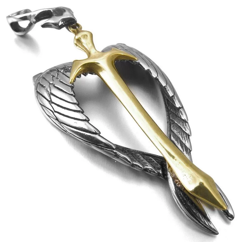 Men's Stainless Steel Pendant Necklace CZ Silver Gold Tone Black Angel Wing Celtic Medieval Cross Sword Heart -With 23 Inch Chain