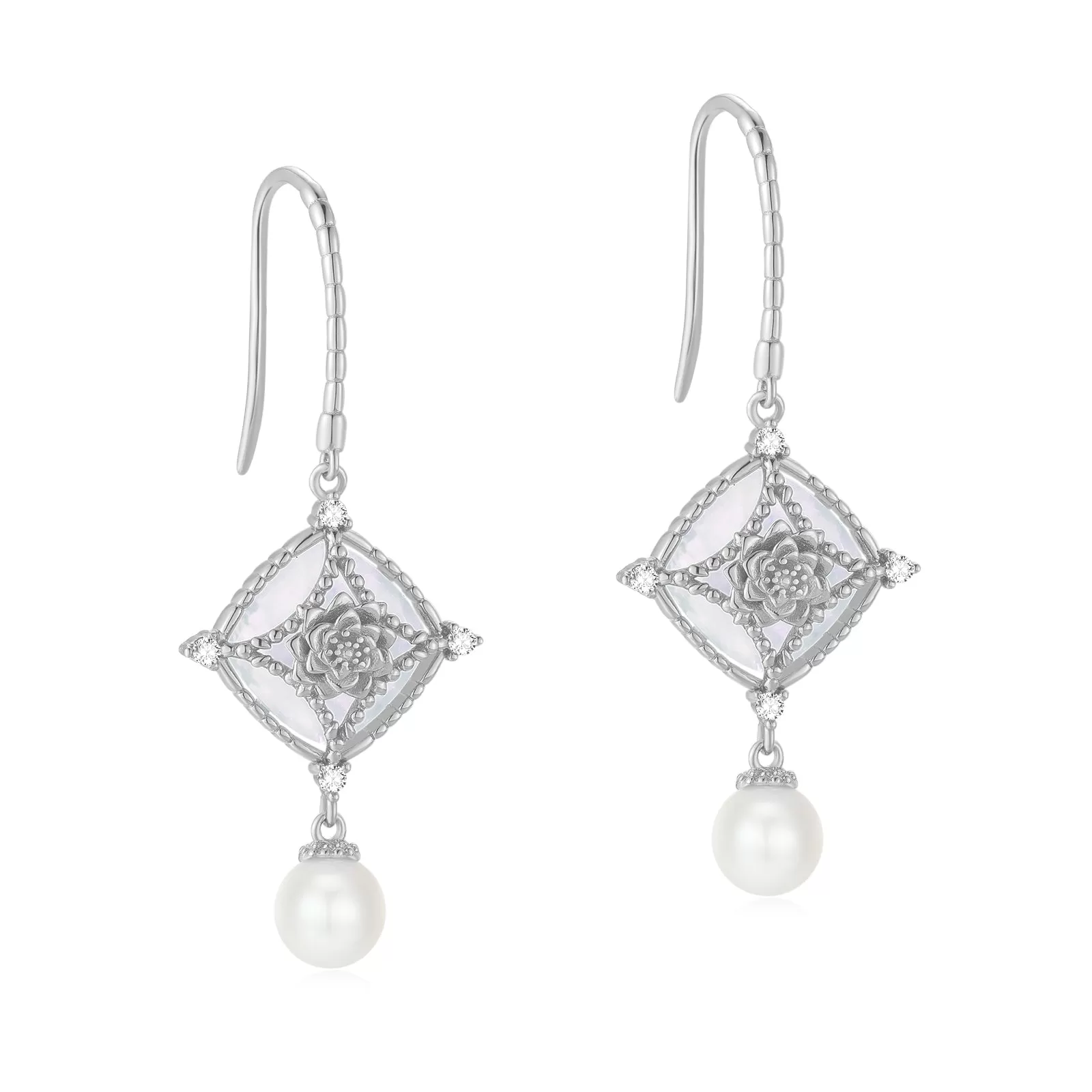 Moonstone & Freshwater Pearl Silver Earrings - Water Lily