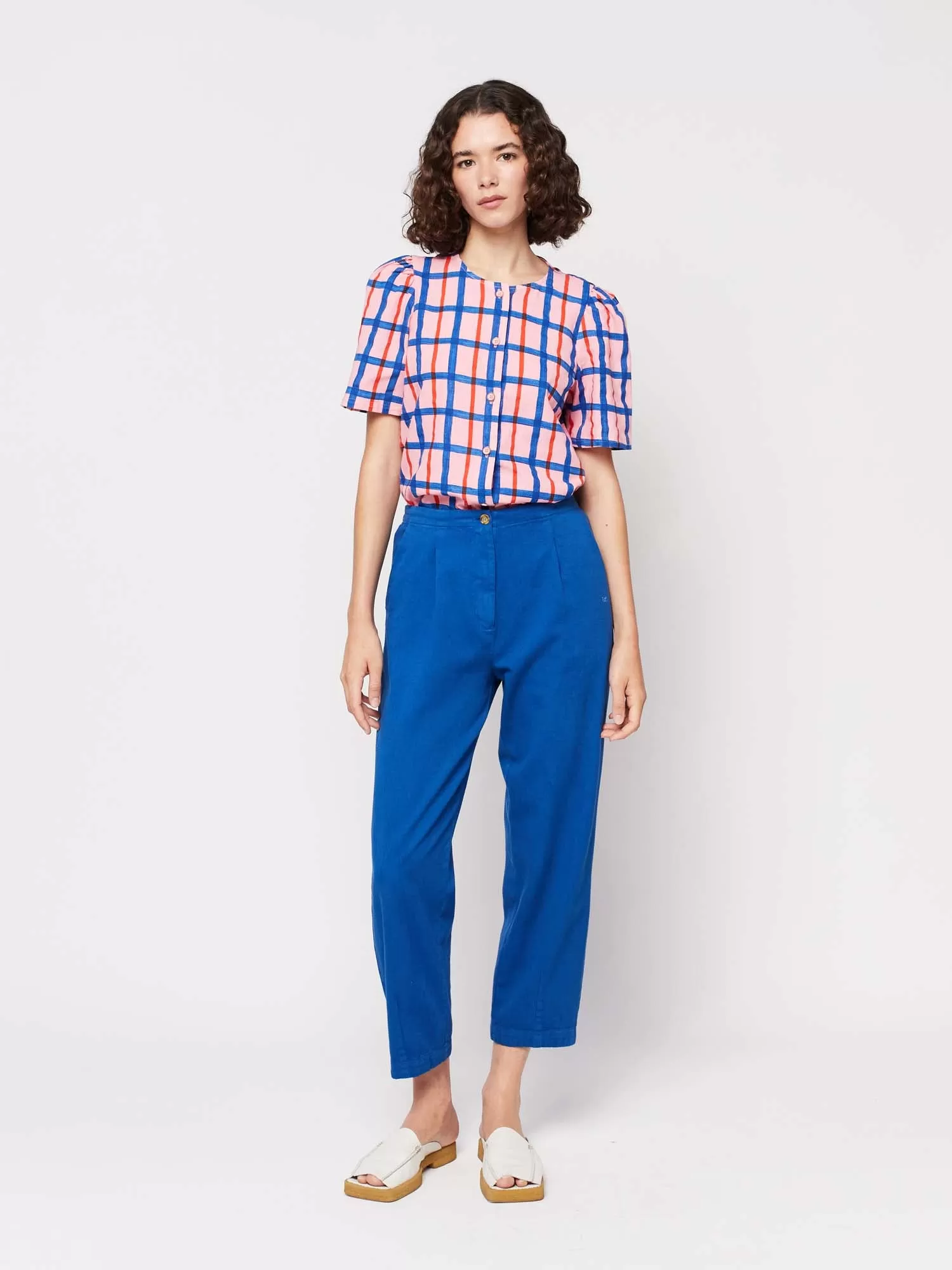 Multicoloured Check Print Puff Sleeve Buttoned Shirt