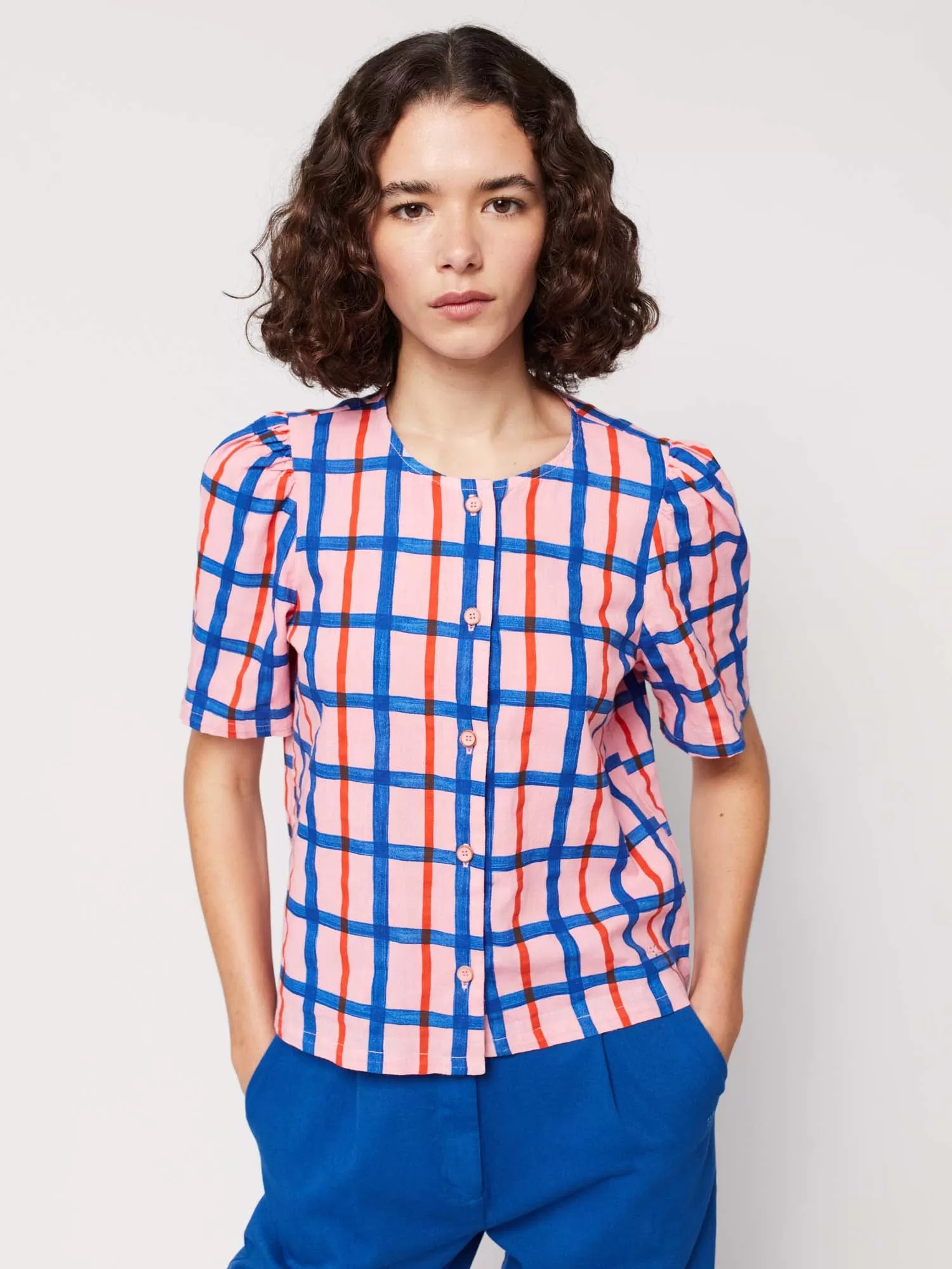 Multicoloured Check Print Puff Sleeve Buttoned Shirt