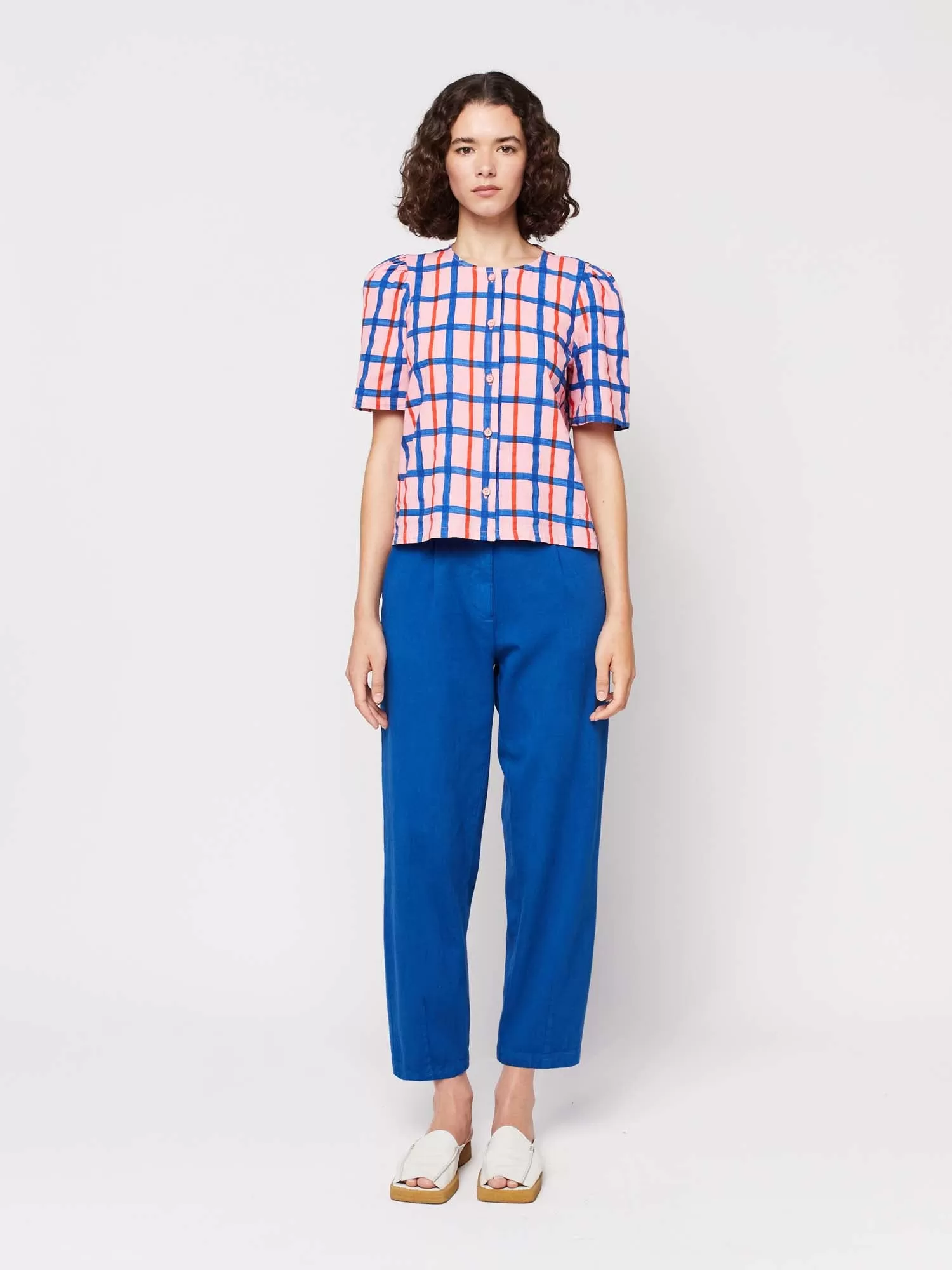 Multicoloured Check Print Puff Sleeve Buttoned Shirt