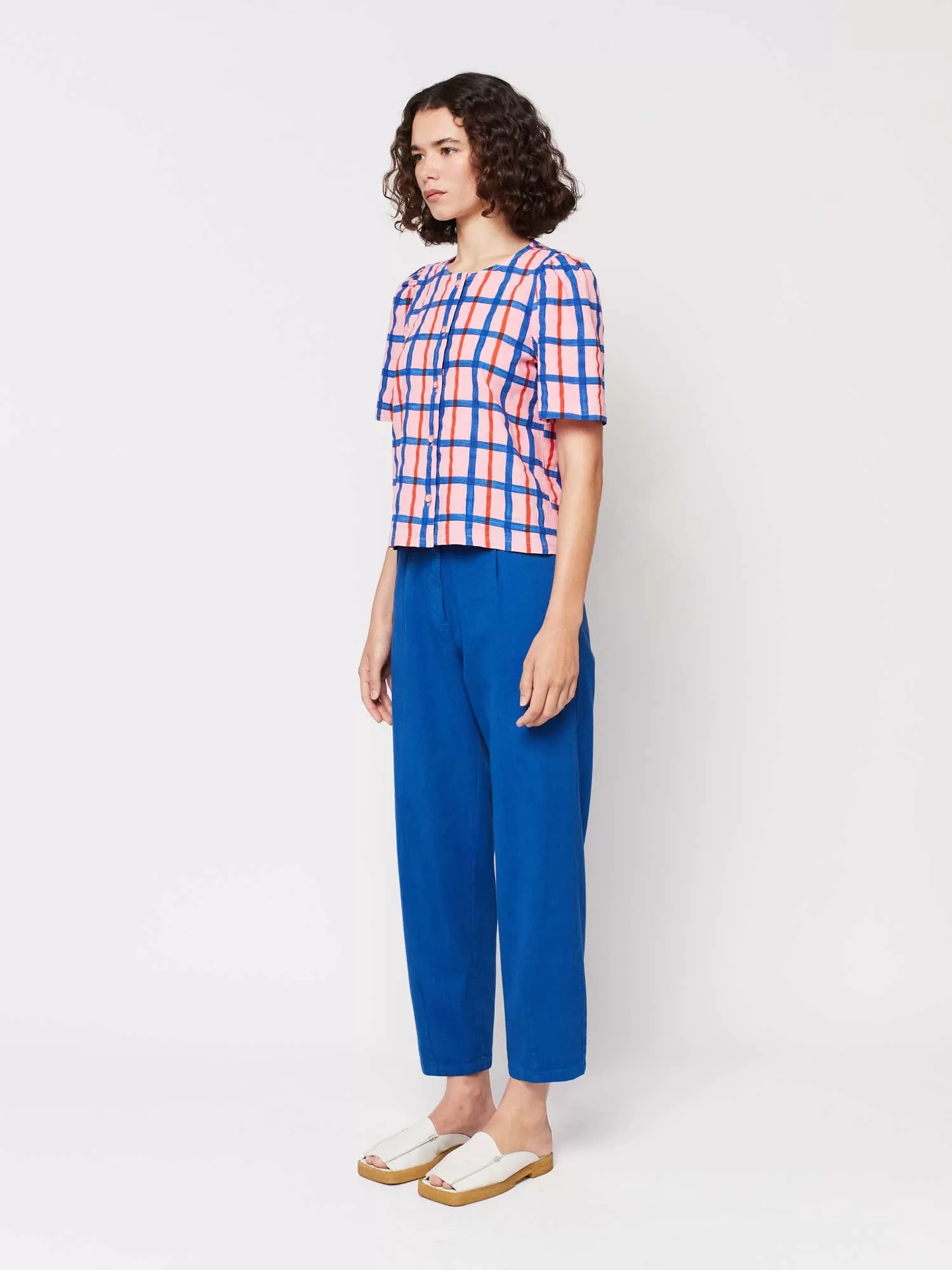 Multicoloured Check Print Puff Sleeve Buttoned Shirt