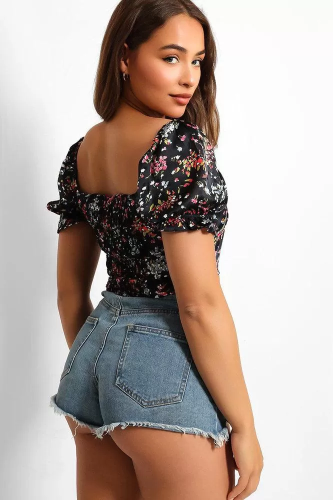 Navy Satin Floral Finish Shirred Crop Top