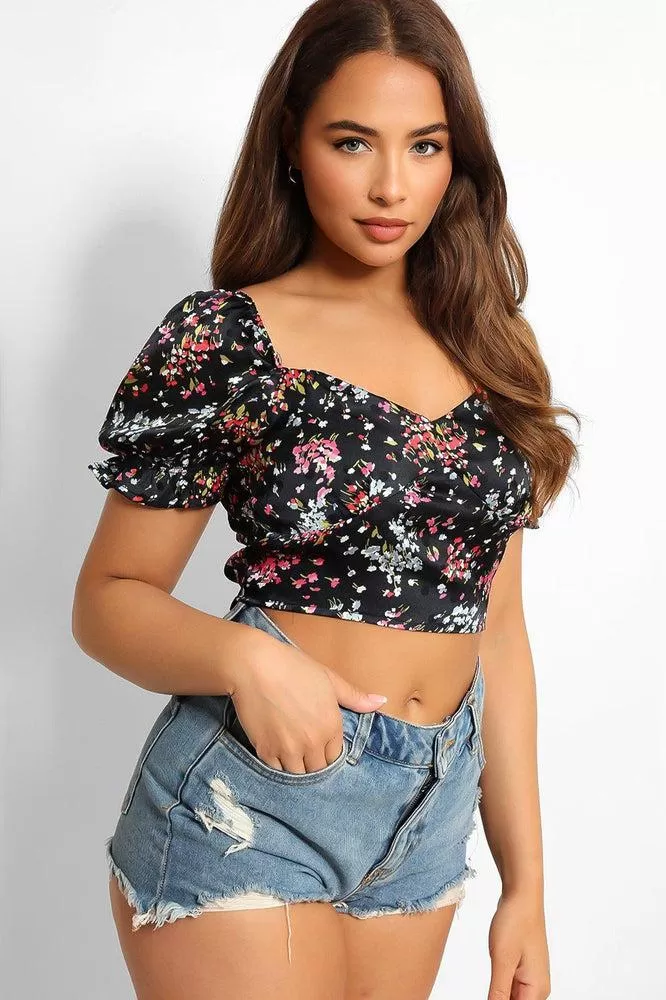 Navy Satin Floral Finish Shirred Crop Top