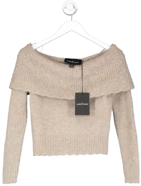 Needle & Thread Beige Merino/alpaca Crystal Embellished Of The Shoulder Jumper With Scalloped Hem UK XS