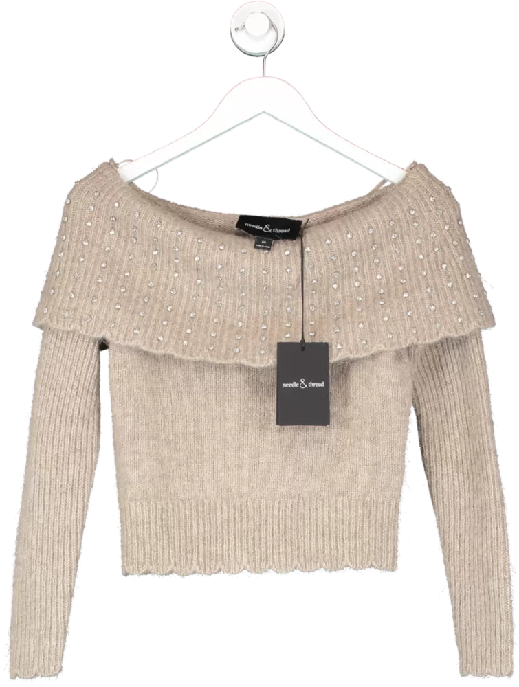 Needle & Thread Beige Merino/alpaca Crystal Embellished Of The Shoulder Jumper With Scalloped Hem UK XS