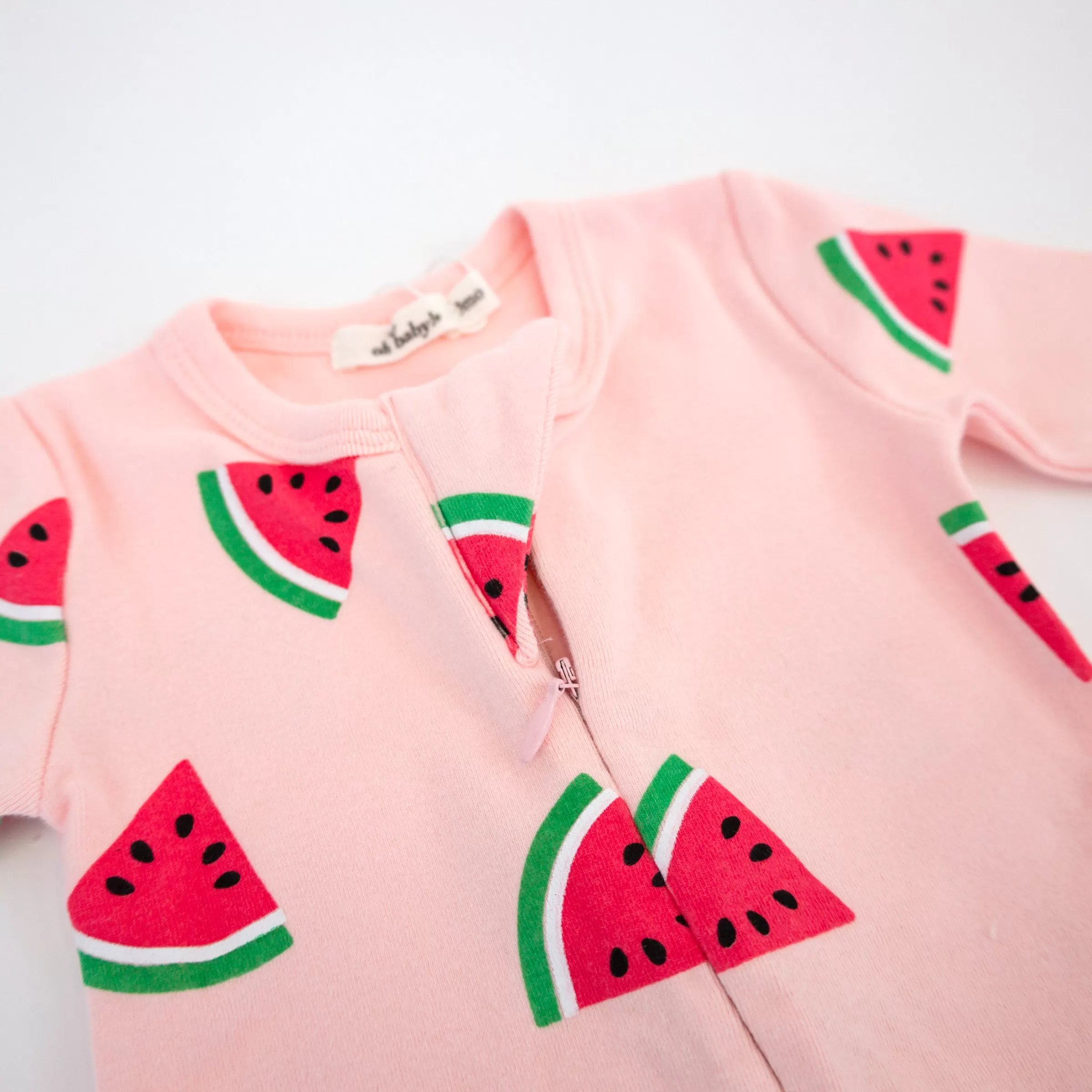 oh baby! Cotton Baby Rib Zipper Footie - Watermelon Print - Pink