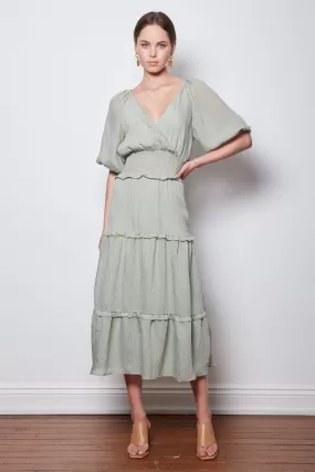 Optimum Balloon Sleeve Tiered Sage Midi Dress