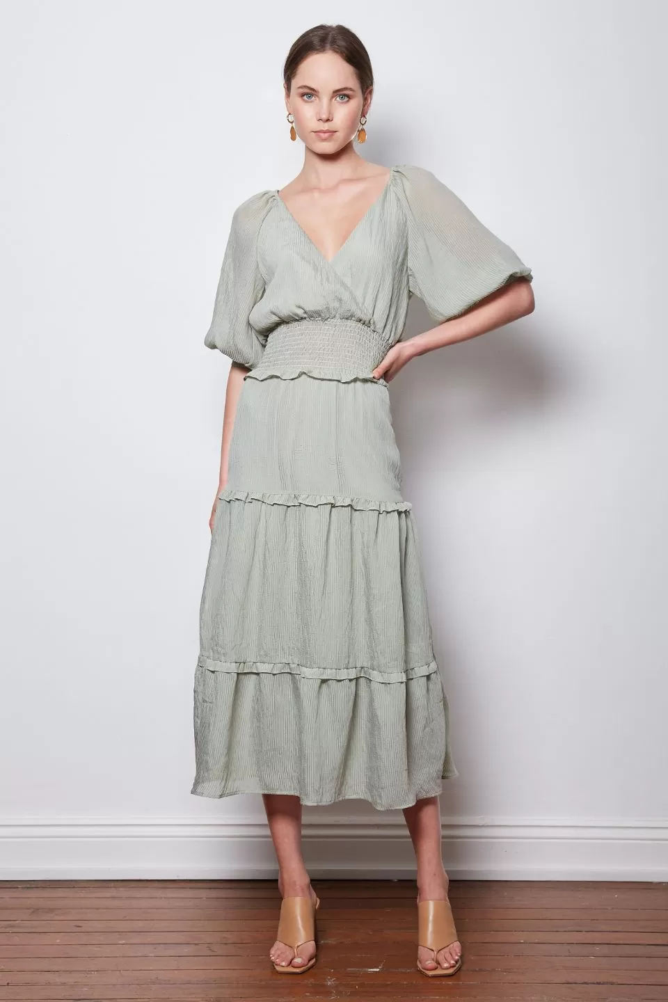 Optimum Balloon Sleeve Tiered Sage Midi Dress