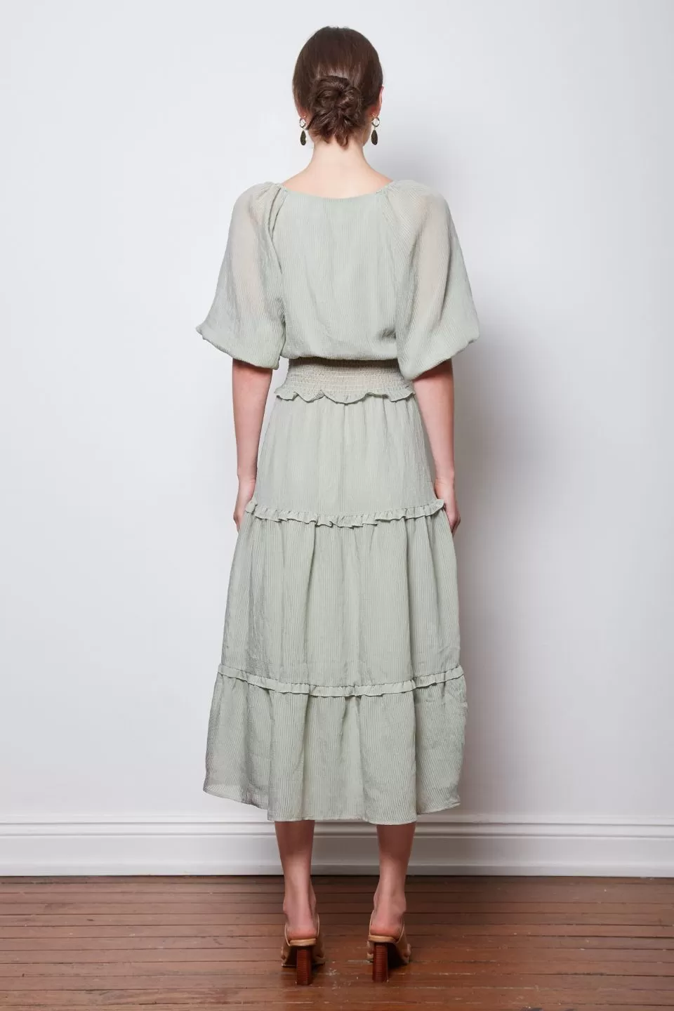 Optimum Balloon Sleeve Tiered Sage Midi Dress