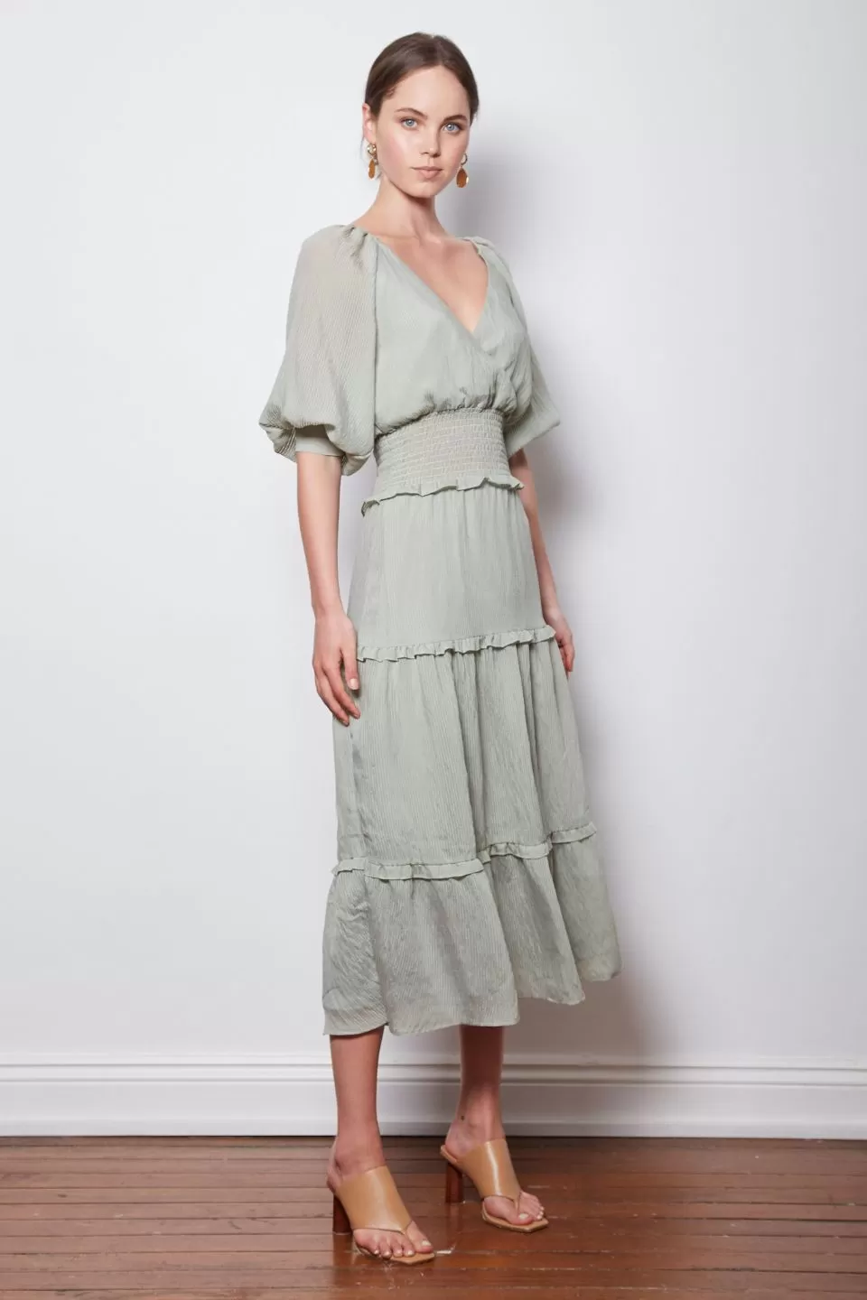 Optimum Balloon Sleeve Tiered Sage Midi Dress