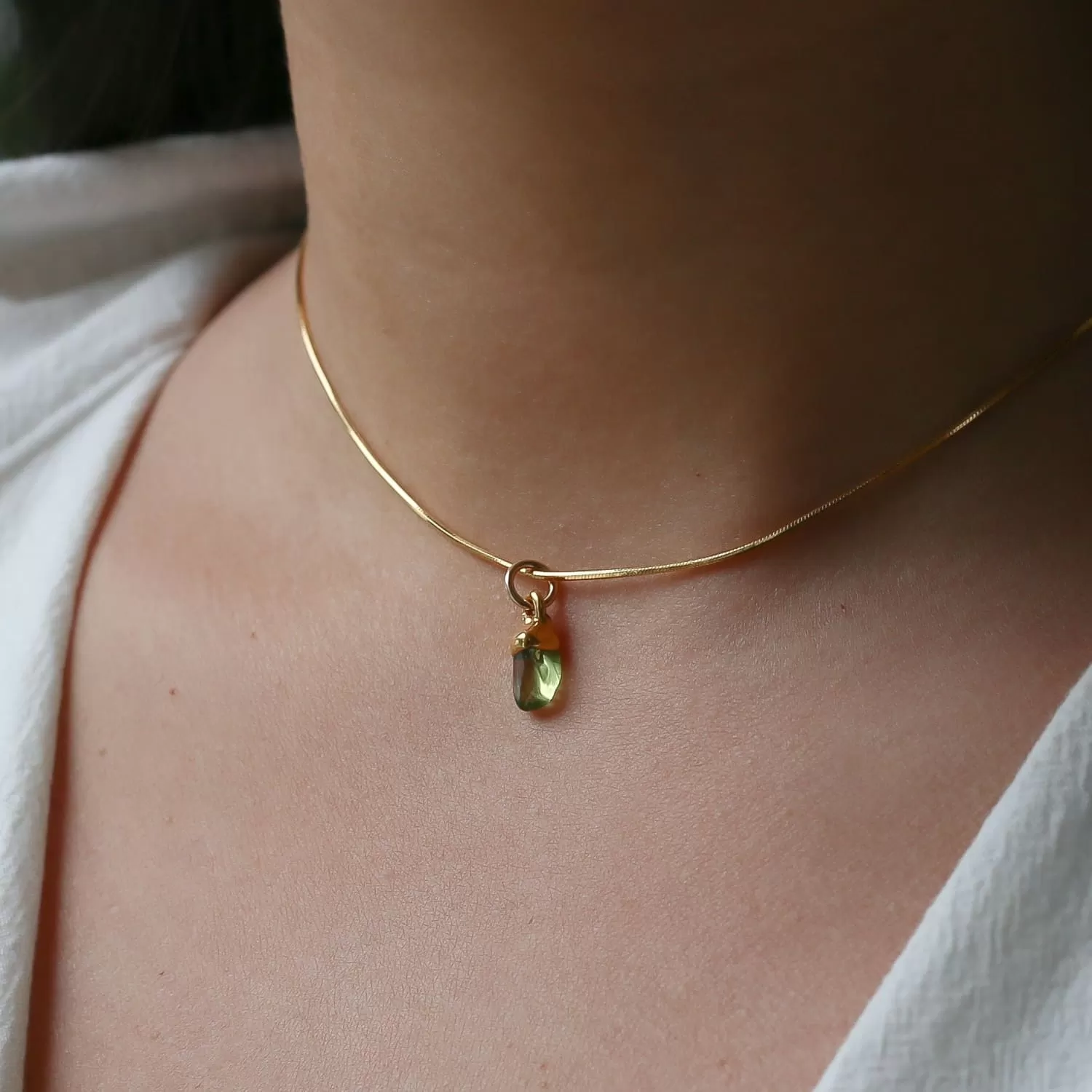 Peridot Choker • Raw Gemstone Crystal Necklace • 24k Gold Filled Snake Chain • Dainty Small Stone • Simple August Birthstone • 14 inch