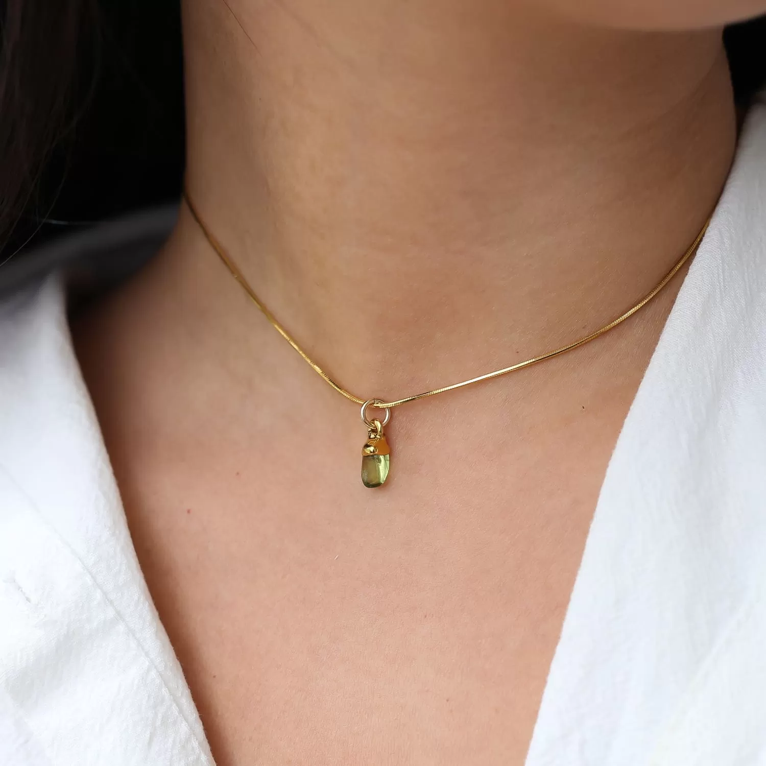 Peridot Choker • Raw Gemstone Crystal Necklace • 24k Gold Filled Snake Chain • Dainty Small Stone • Simple August Birthstone • 14 inch