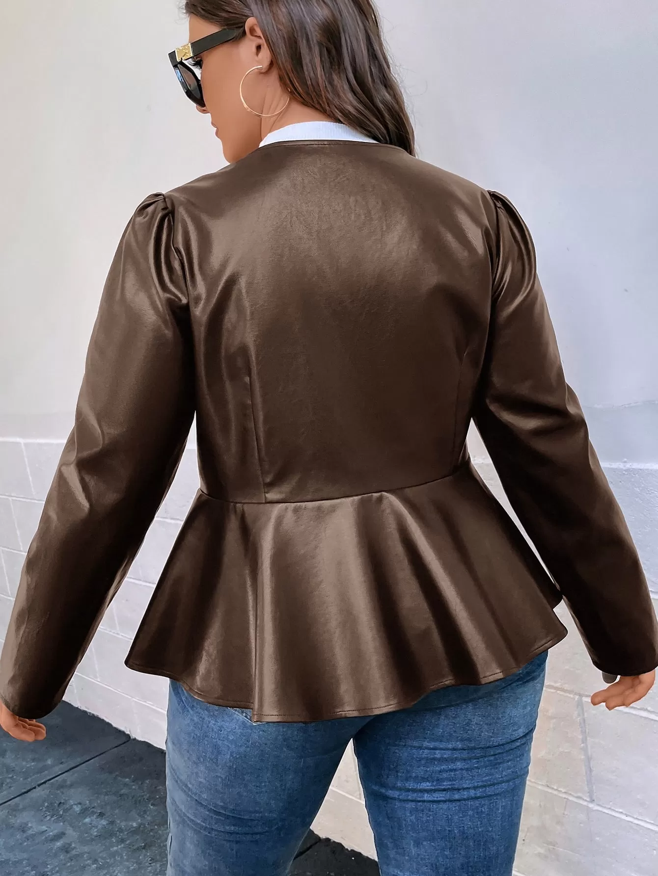 Plus Puff Sleeve Peplum PU Leather Jacket