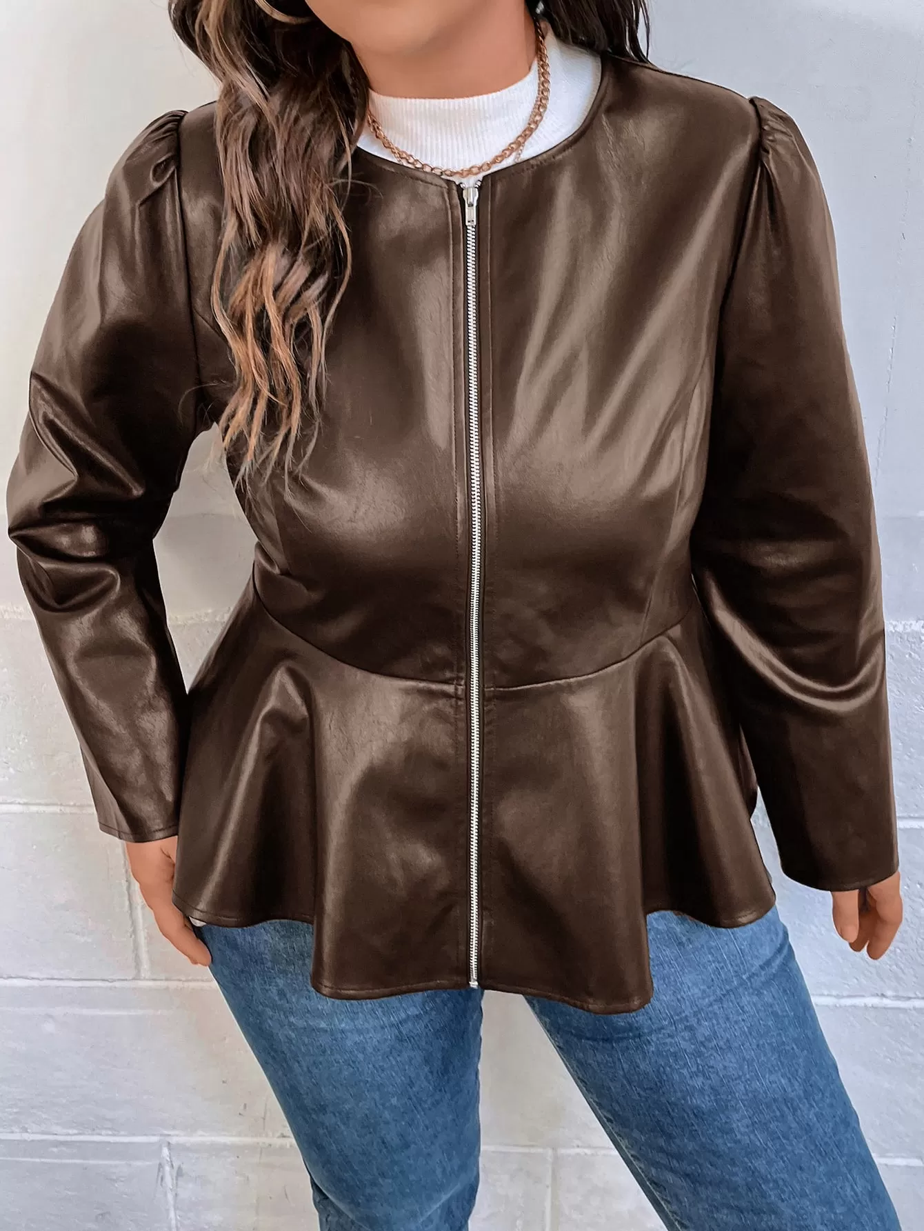 Plus Puff Sleeve Peplum PU Leather Jacket