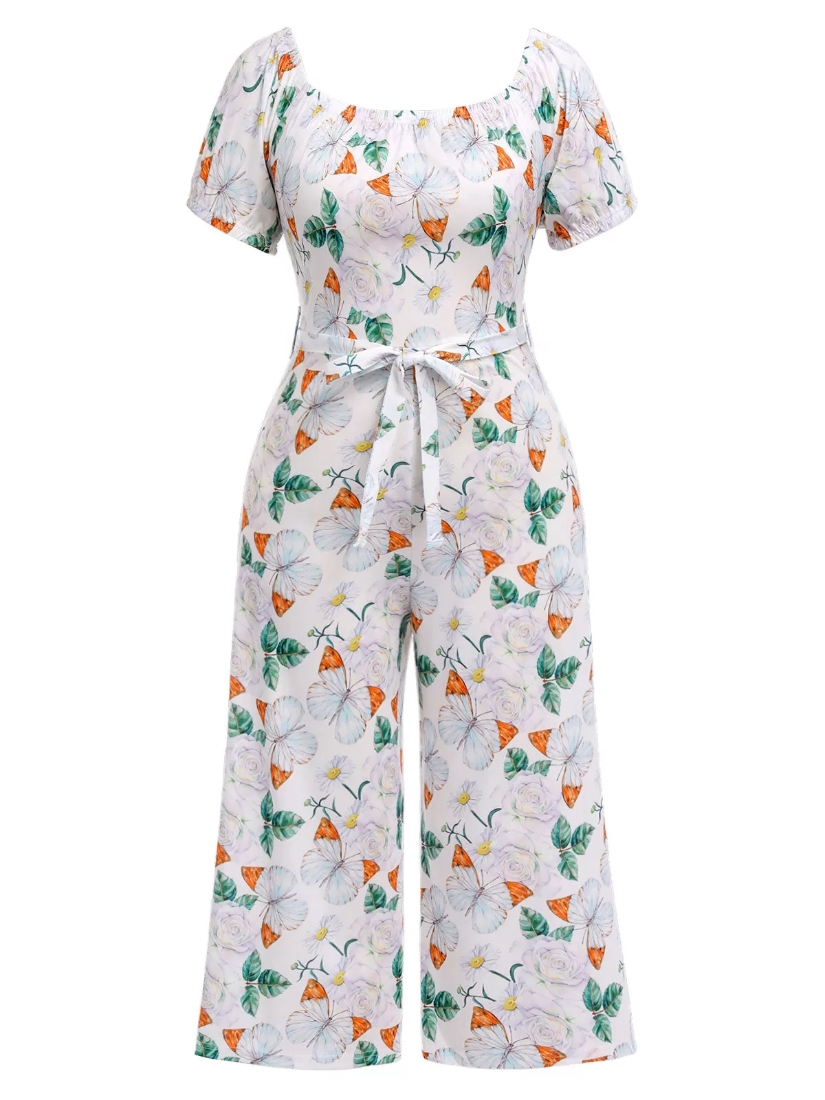 [Plus Size] Multicolor 1930s Butterfly Off Shoulder Jumpsuit