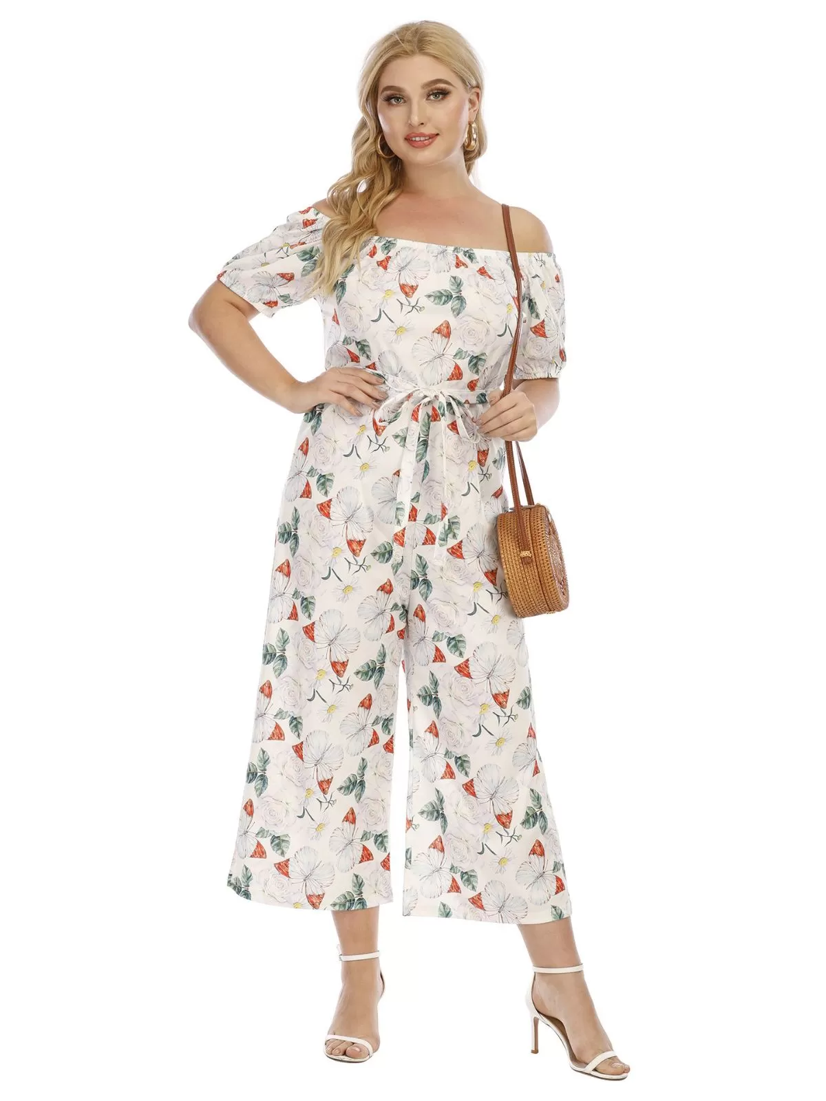 [Plus Size] Multicolor 1930s Butterfly Off Shoulder Jumpsuit