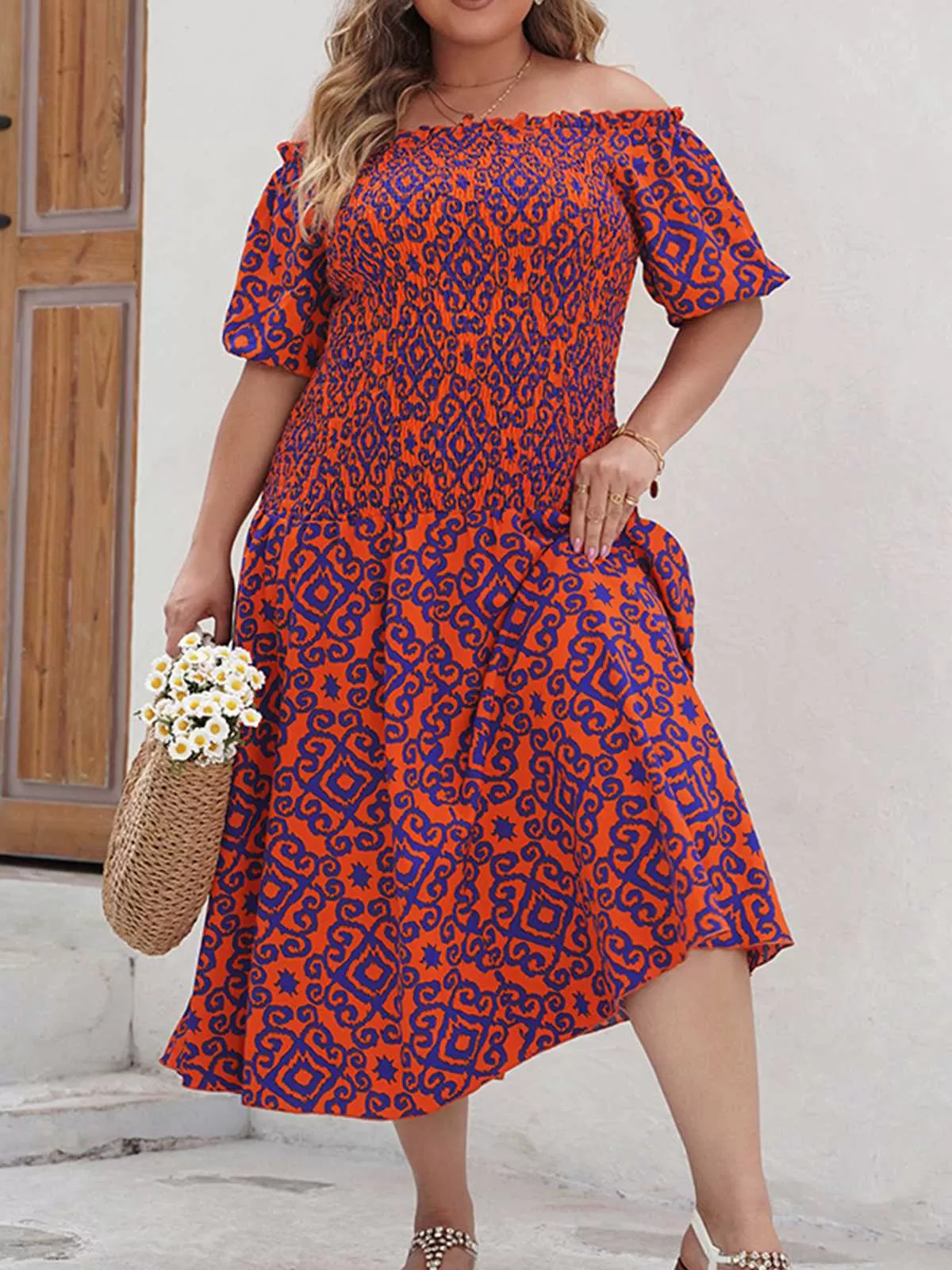 [Plus Size] Red 1940s Off-Shoulder Printed Dress