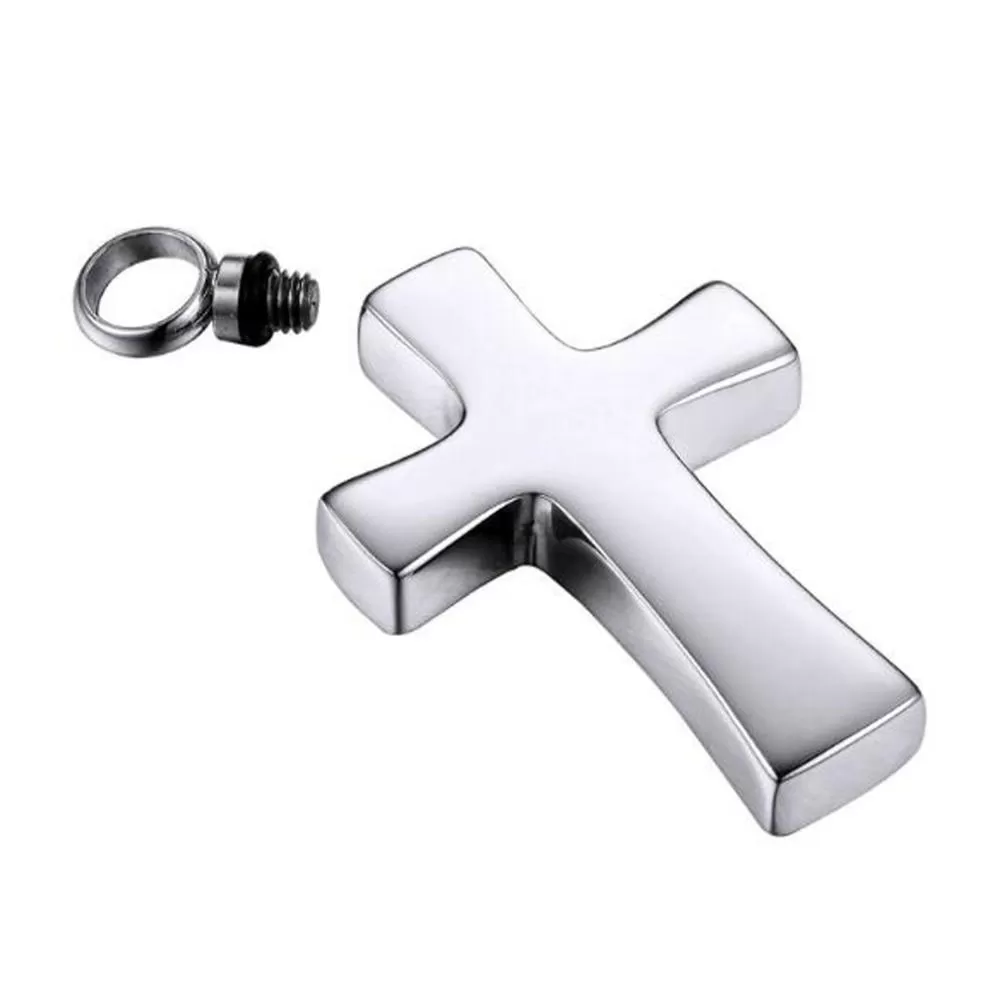 Polished Metallic Cross Mini-Urn Pendant with Chain Necklace