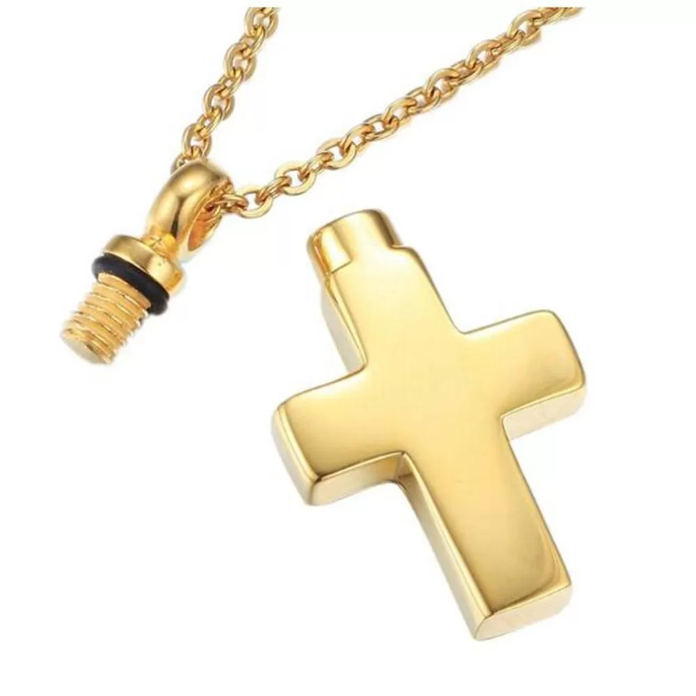 Polished Metallic Cross Mini-Urn Pendant with Chain Necklace