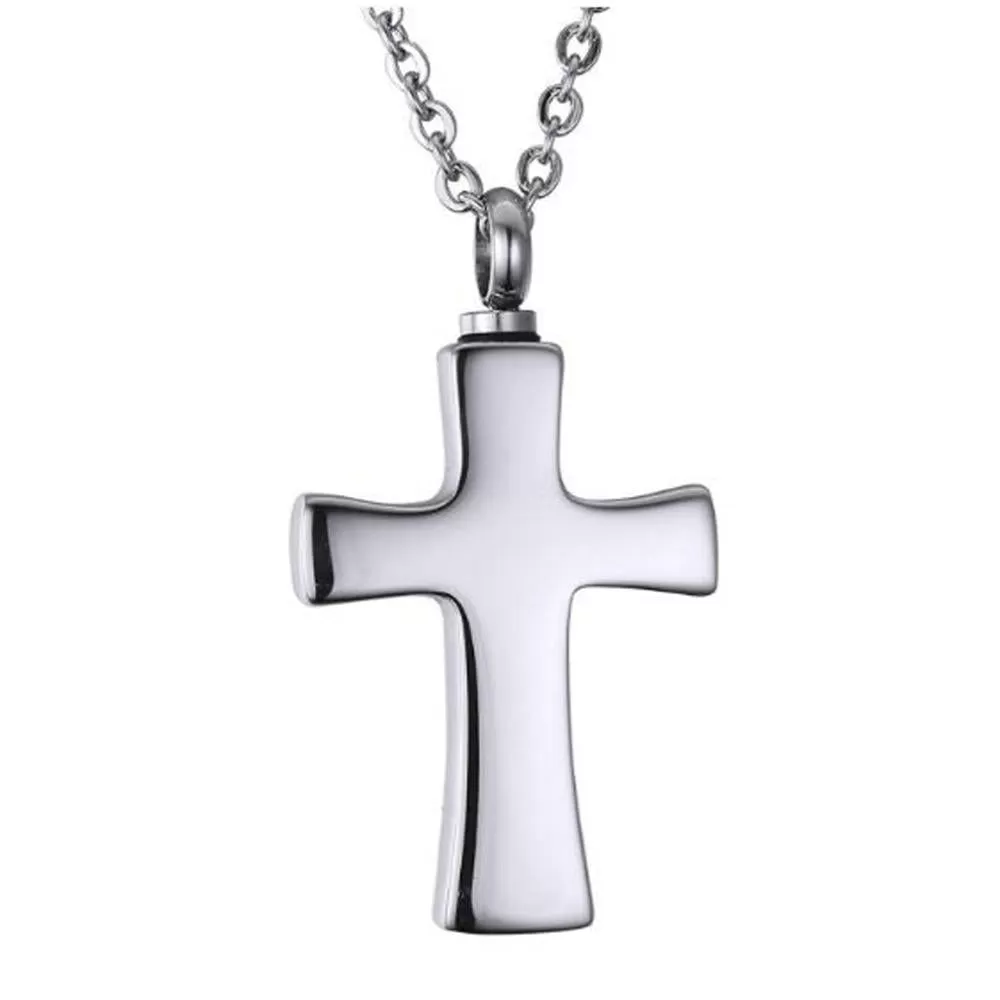 Polished Metallic Cross Mini-Urn Pendant with Chain Necklace