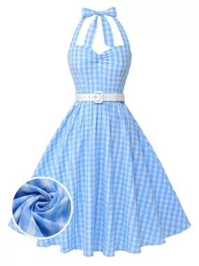 [Pre-Sale] Light Blue 1950s Plaid Halter Swing Dress