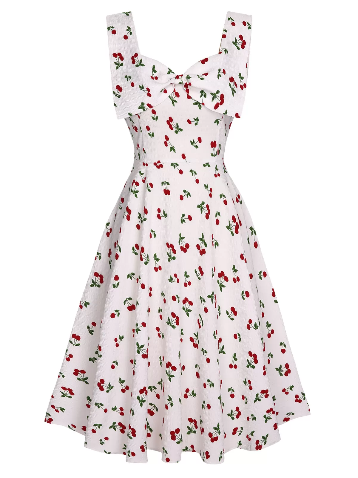 [Pre-Sale] White 1950s Cherry Bow Sweetheart Neck Dress