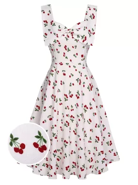 [Pre-Sale] White 1950s Cherry Bow Sweetheart Neck Dress