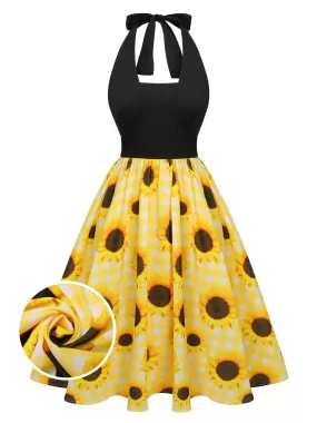 [Pre-Sale] Yellow 1950s Sunflower Plaid Halter Dress