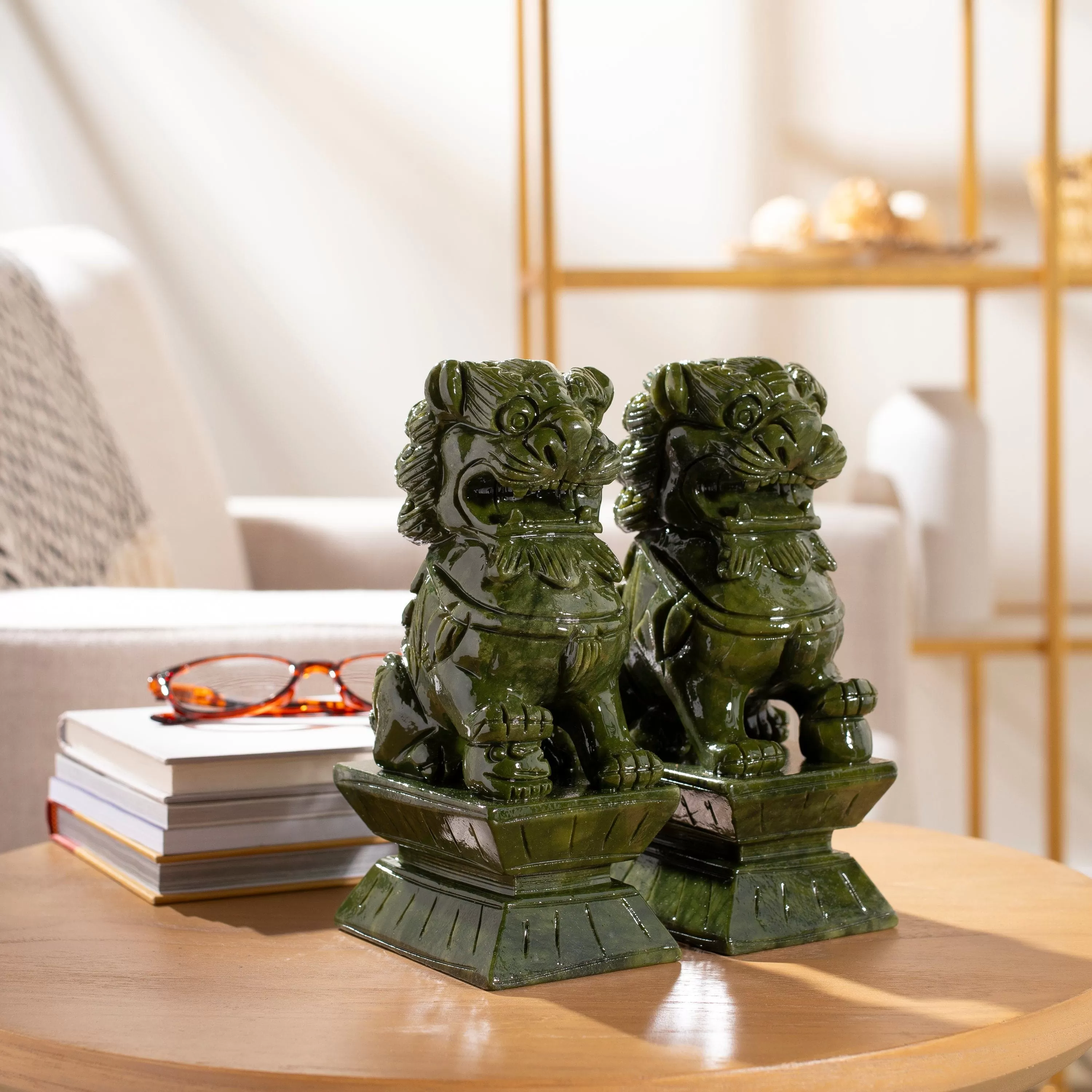 Protective Foo Dog Jade Carving Pair - A Symbol of Good Luck and Protection