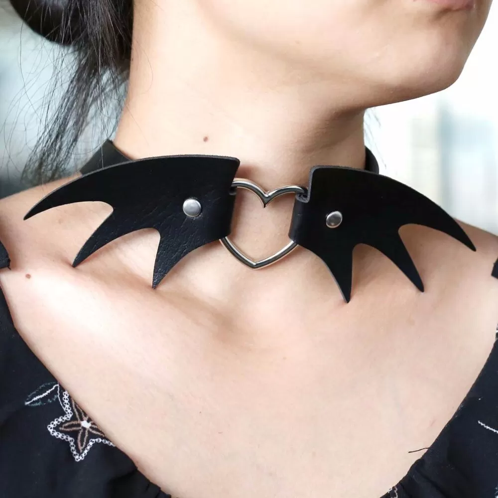 Punk Heart and Bat Wings Choker Collar PU Leather Gothic Harajuku Necklace