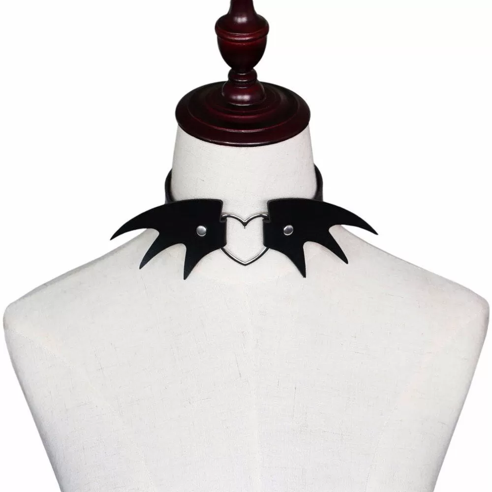 Punk Heart and Bat Wings Choker Collar PU Leather Gothic Harajuku Necklace