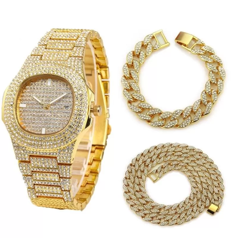 Rhinestone and Cubic Zirconia Studded Cuban Chain Link Necklace, Bracelet, and Watch Jewelry Set