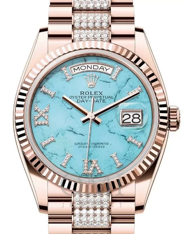 ROLEX DAY-DATE 36 PRESIDENT ROSE GOLD TURQUOISE TIFFANY DIAMOND DIAL FLUTED BEZEL 128235 WITH PRESIDENT ROSE GOLD SEMI DIAMONDS OYSTER BRACELET