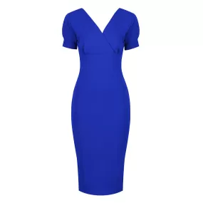 Royal Blue Puff Sleeve V Neck Bodycon Pencil Dress