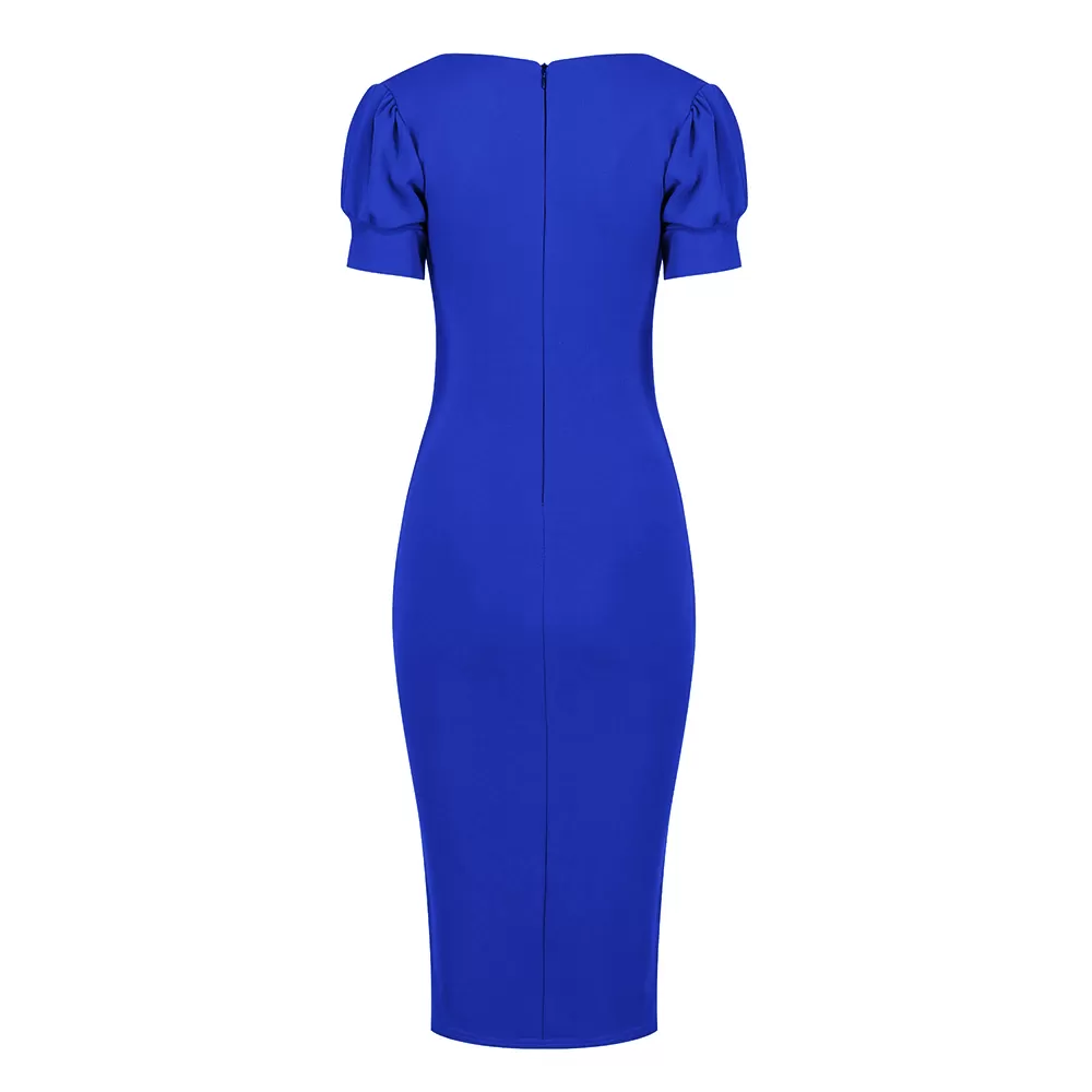 Royal Blue Puff Sleeve V Neck Bodycon Pencil Dress