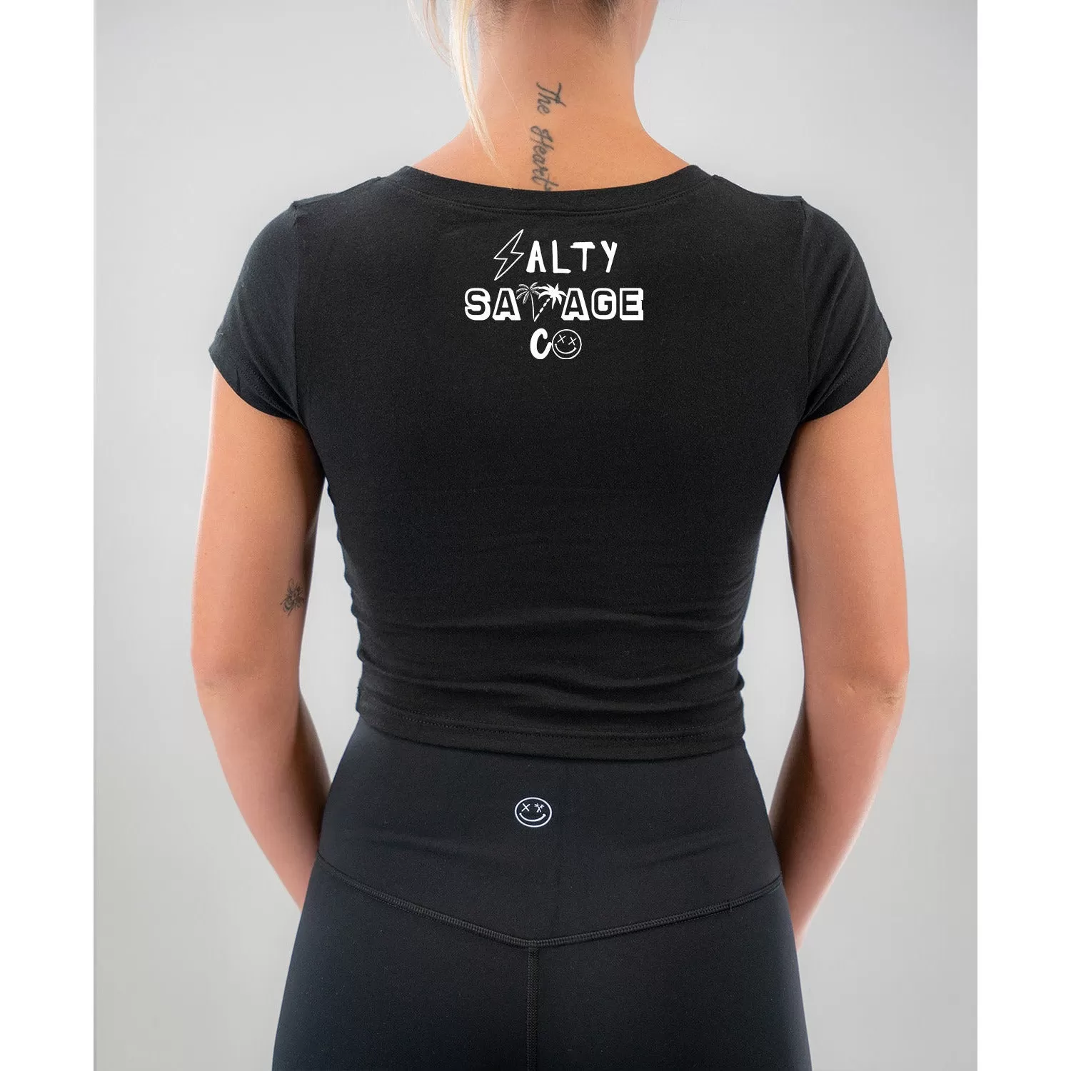 Salty Savage Ladies "Fuck Off" Cropped V-Neck Tee | Micro | Black