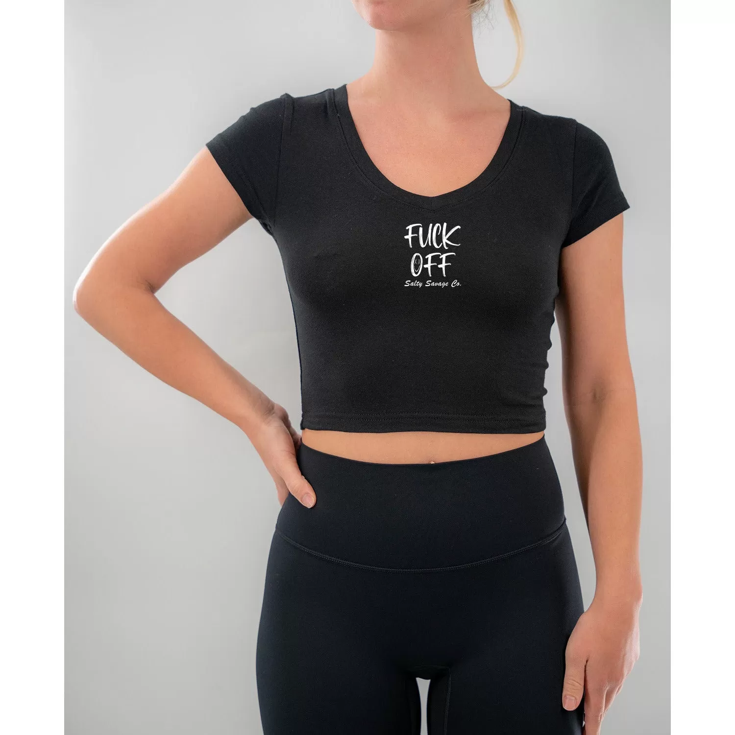 Salty Savage Ladies "Fuck Off" Cropped V-Neck Tee | Micro | Black