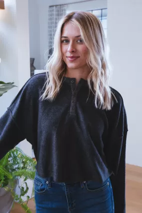 Shay Cropped Henley Sweatshirt Top, Charcoal