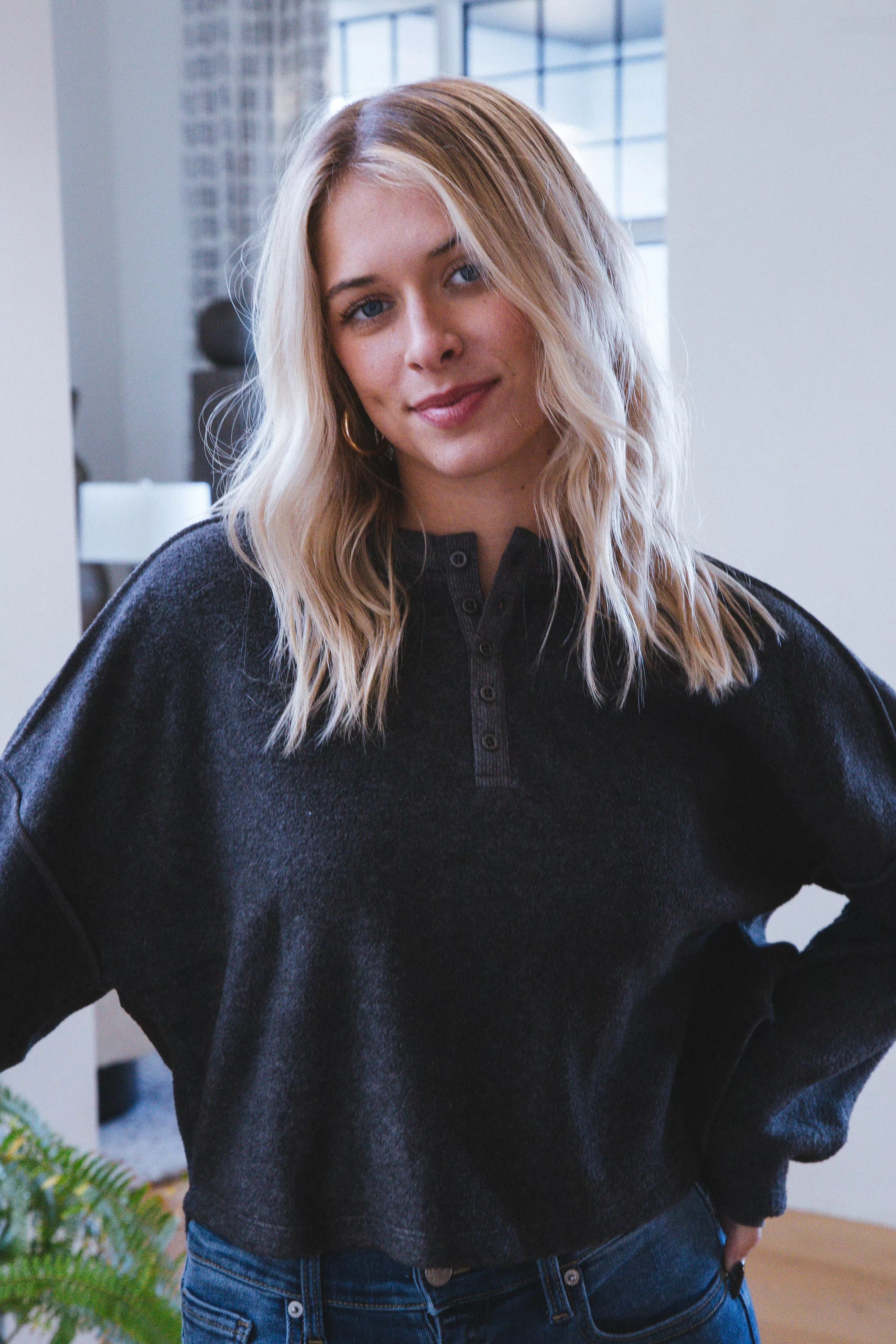 Shay Cropped Henley Sweatshirt Top, Charcoal