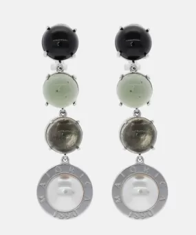 Sterling Silver Rhodium Plated Omega Earrings for Women with Organic Pearl, 12mm Round White Pearl and Black Murano Crystal, 2.3 Length, Algaida Collection