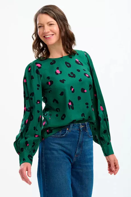 Sugarhill - Ronnie Puff Sleeve Top - Green Leopard