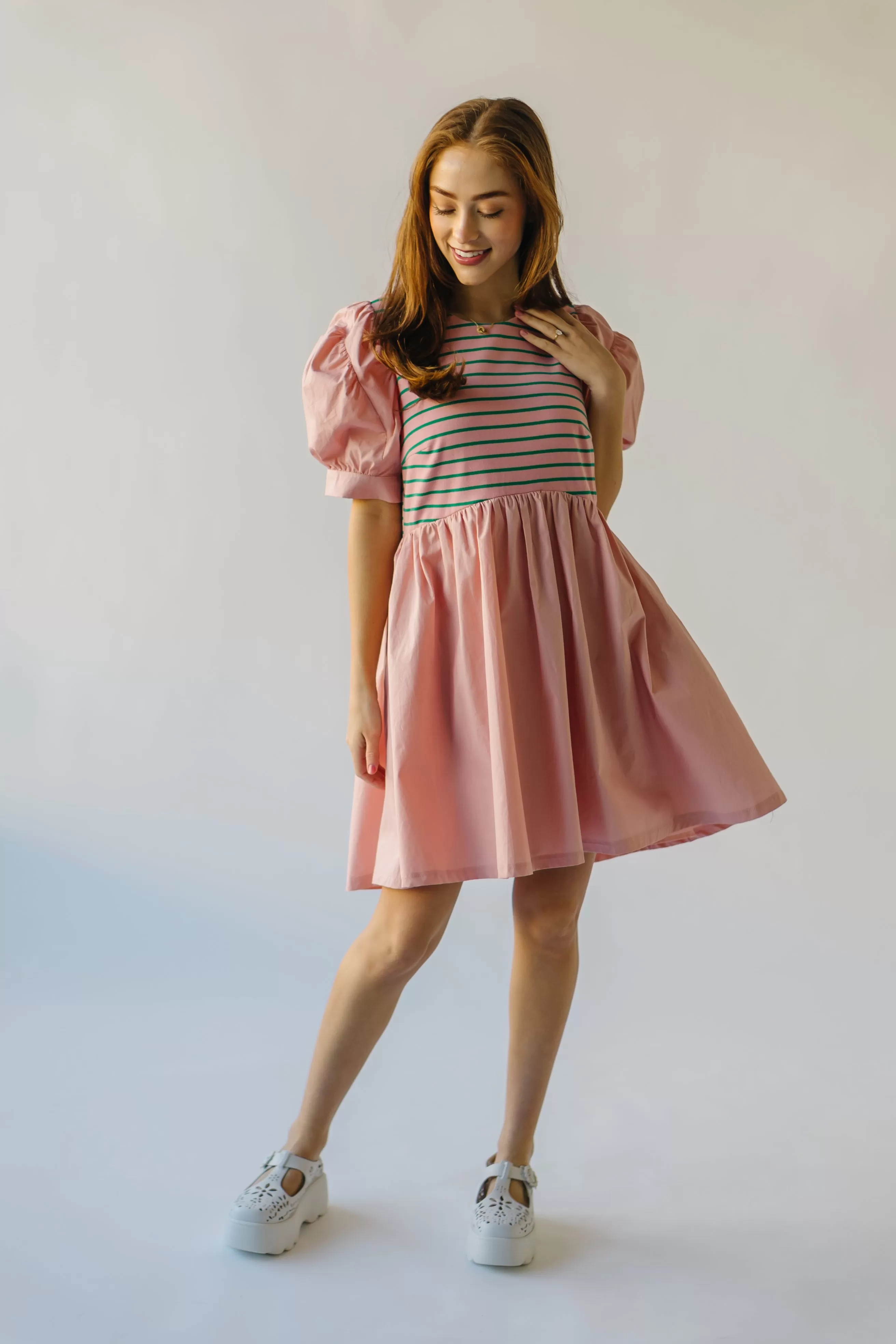 The Taylen Puff Sleeve Dress in Pink   Green Stripe