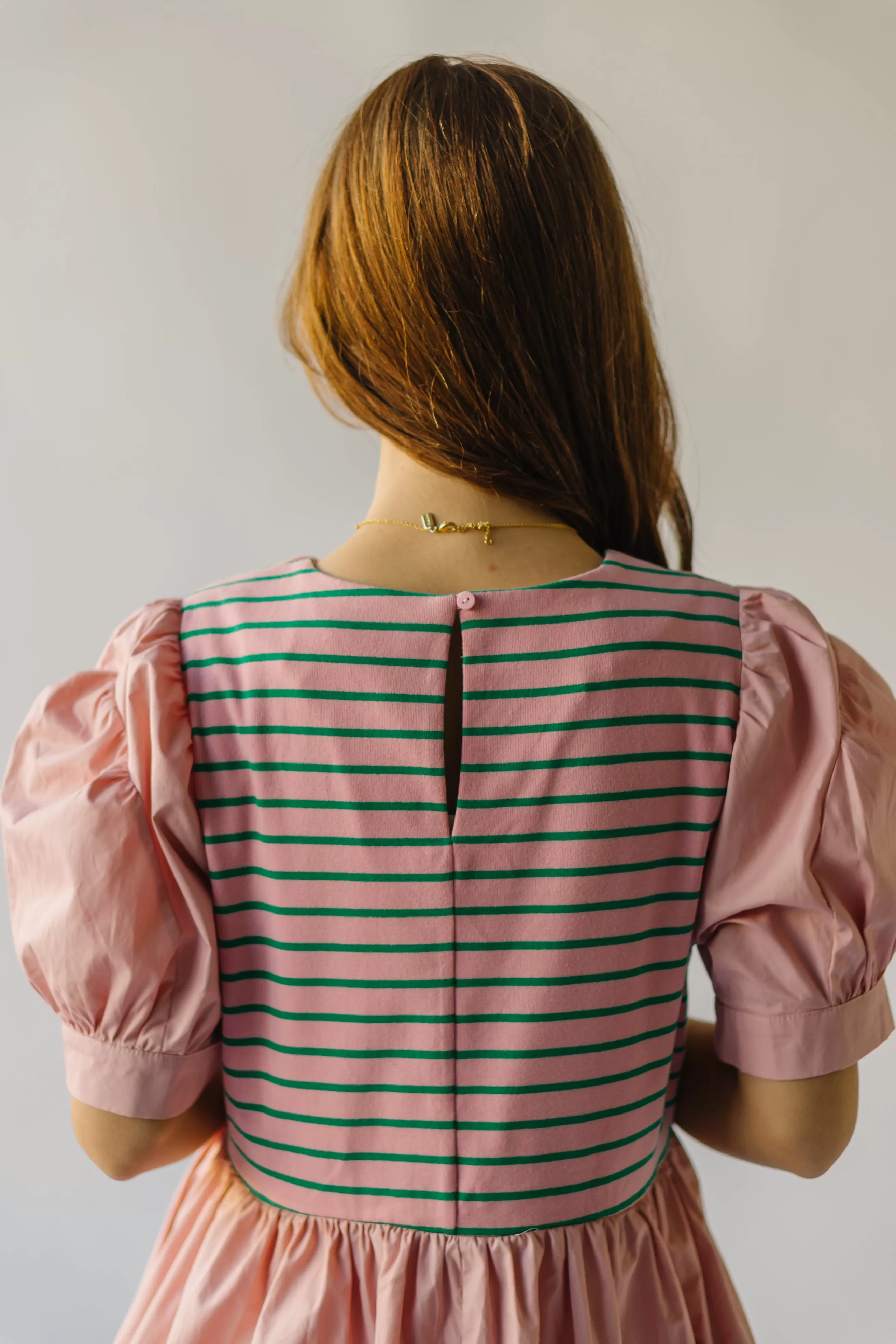 The Taylen Puff Sleeve Dress in Pink   Green Stripe