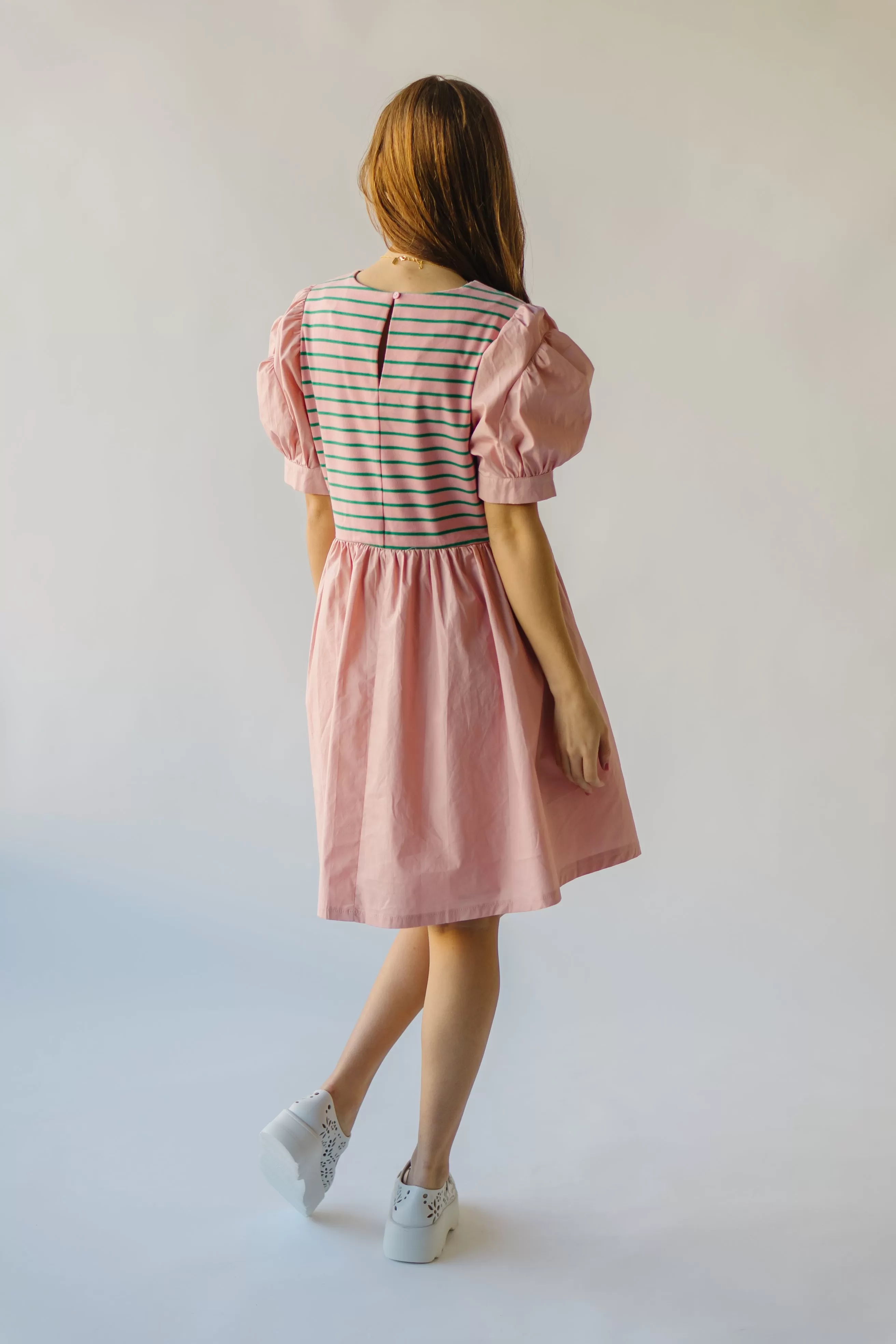 The Taylen Puff Sleeve Dress in Pink   Green Stripe